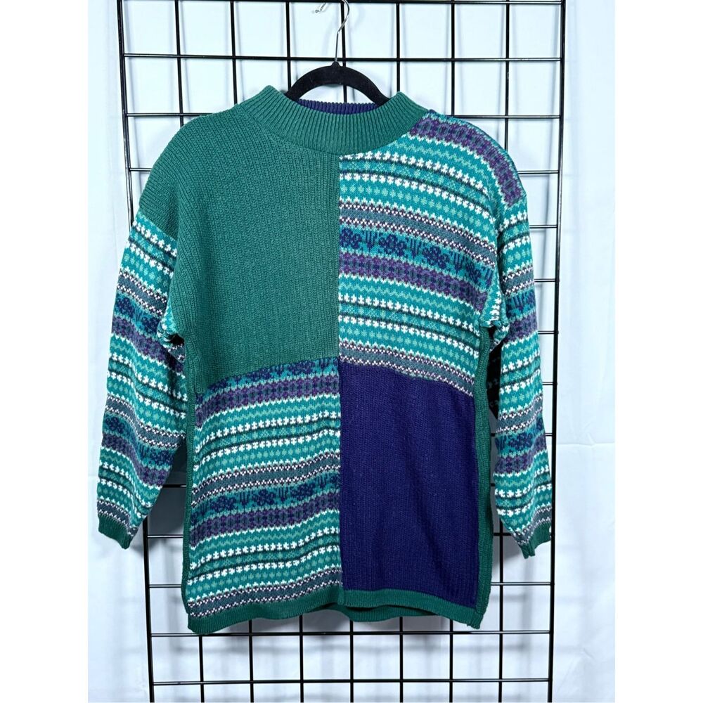 Vintage 90s Mockneck Knit Sweater Womens OS Blue Green Colorblock Fair Isle